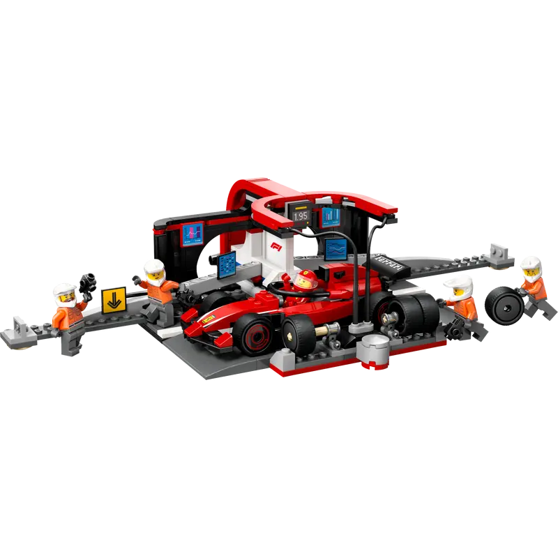Set da gioco lego city pitstop e meccanici con monoposto ferrari