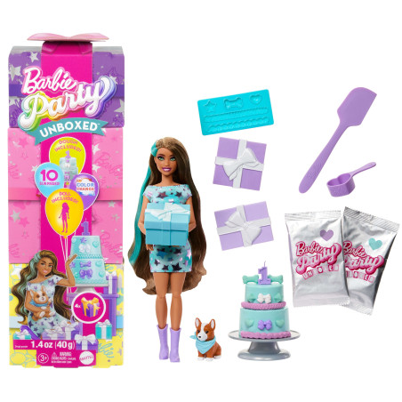 Bambola alla moda mattel barbie jfg72 party unboxed con il cane blu