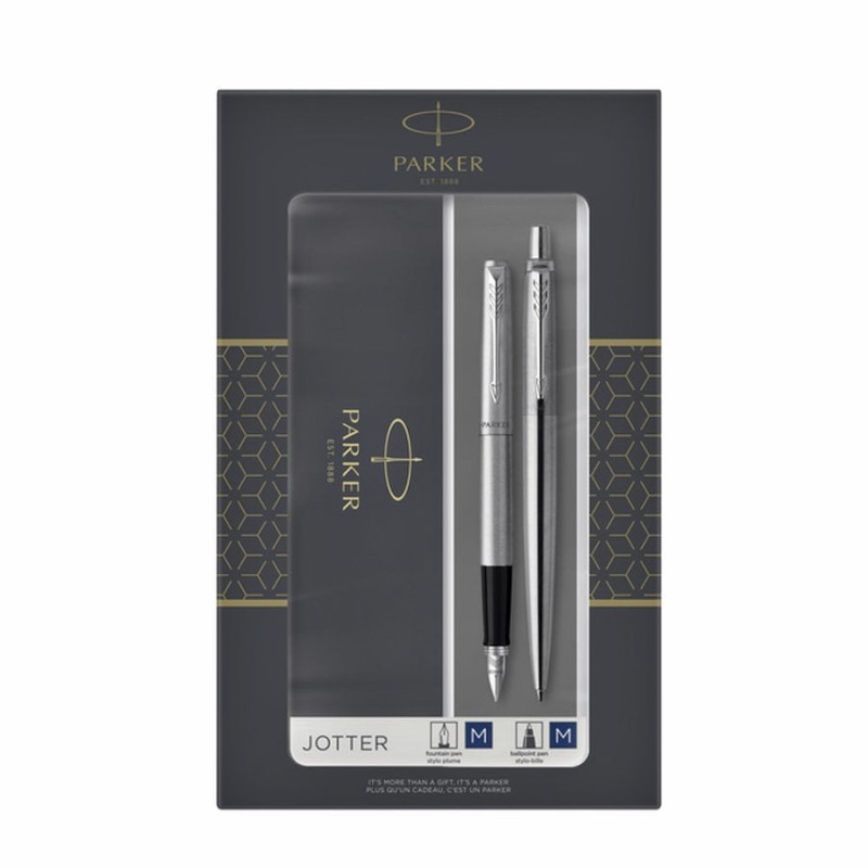 Duo set penna a sfera/penna stilografica parker jotter acciaio c.c.