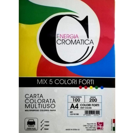 Carta colorata multiuso cwr a4 100 fogli 200g assortito in 5 colori