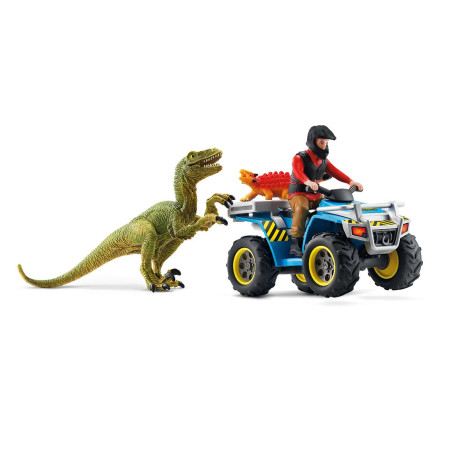 Figurine schleich dinosauro fuga in quad davanti al velociraptor