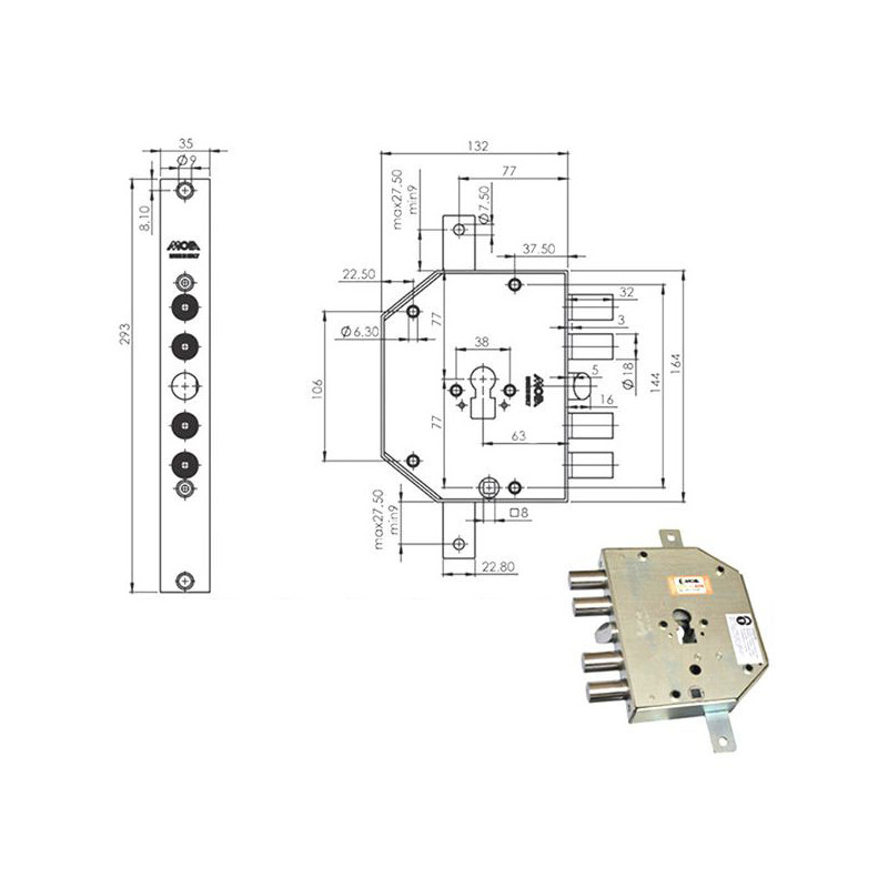 serratura moia per porte blindate a 4 pistoni 164x132x29mm [cp954sfb]