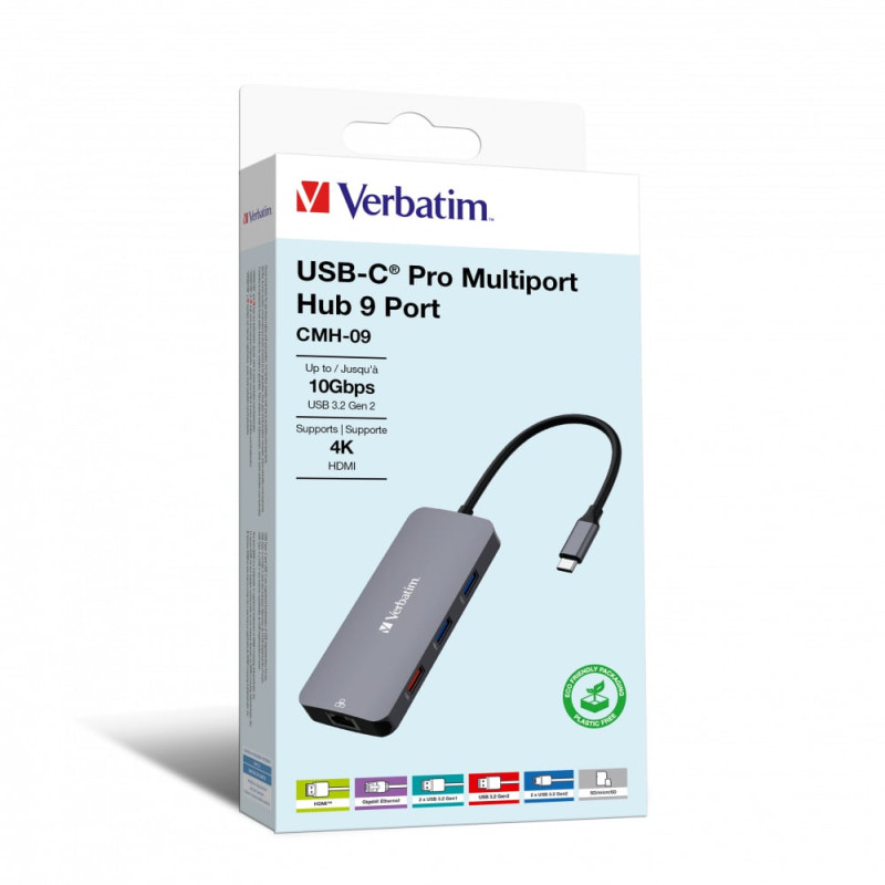 Hub usb verbatim cmh-09 usb-c pro, 9 porte (grigio, hdmi,
