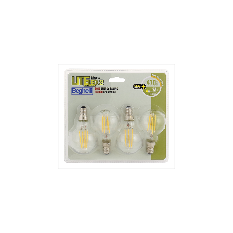 Set lampadine beghelli sfera led calda 4w 470lumen bianco 4pz [58010bl]