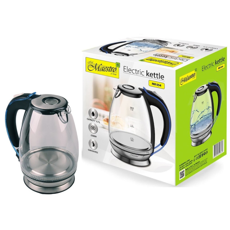 bollitore elettrico maestro mr-054 1.7l 2200w in vetro-plastica