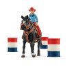 figurina schleich mondo fattoria barrel racing con cowgirl multicolore
