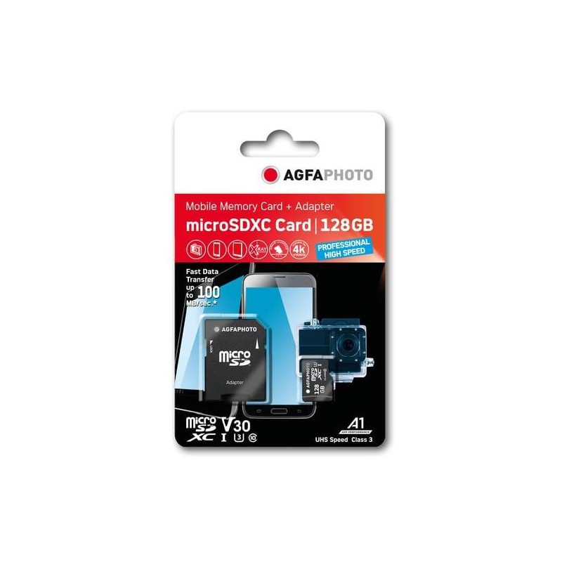 128gb scheda microsdxc agfa photo uhs i prof. high speed u3 + adattatore