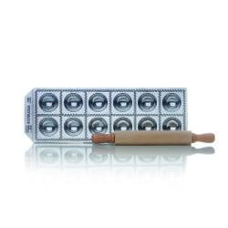 stampo per ravioli risoli 12 posti in alluminio lucidato con mattarello