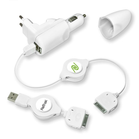alimentatore da auto retrak con 2 cavi usb apple30pin 100cm bianco