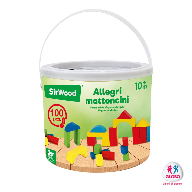 mattoncini da costruzione globo legno secchiello 100pz [40601]
