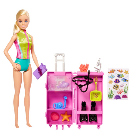 bambola barbie mattel biologa marina con laboratorio mobile e accessori