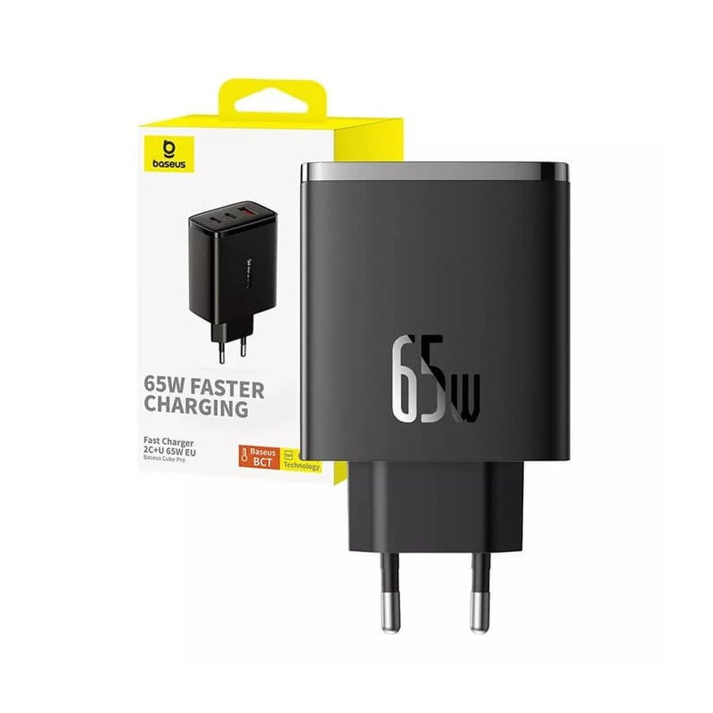 alimentatore di rete baseus os-cube pro 2xusb-c+usb 65w nero