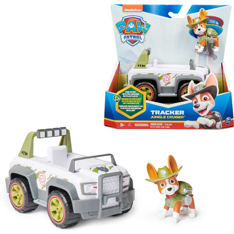 spinmaster 6069071 paw patrol: veicolo con figurina trakcer verde/grigio/bianco