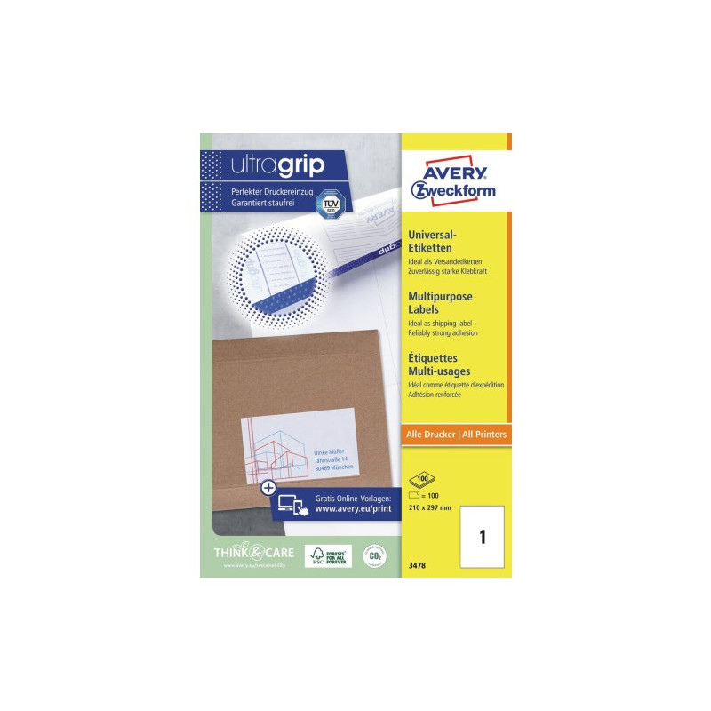 etichette avery zweckform ultragrip 210x297mm bianco 100pz [3478]