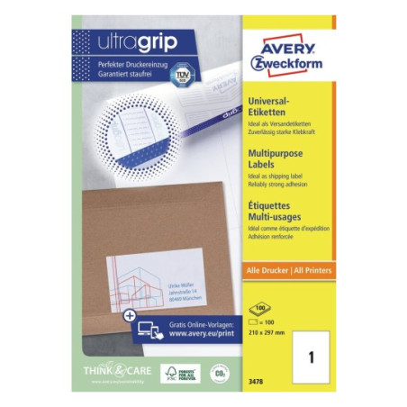 etichette avery zweckform ultragrip 210x297mm bianco 100pz [3478]