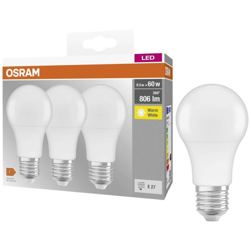 set lampadine led osram classic a60 3x8.5w 2700k e27 806lm classe