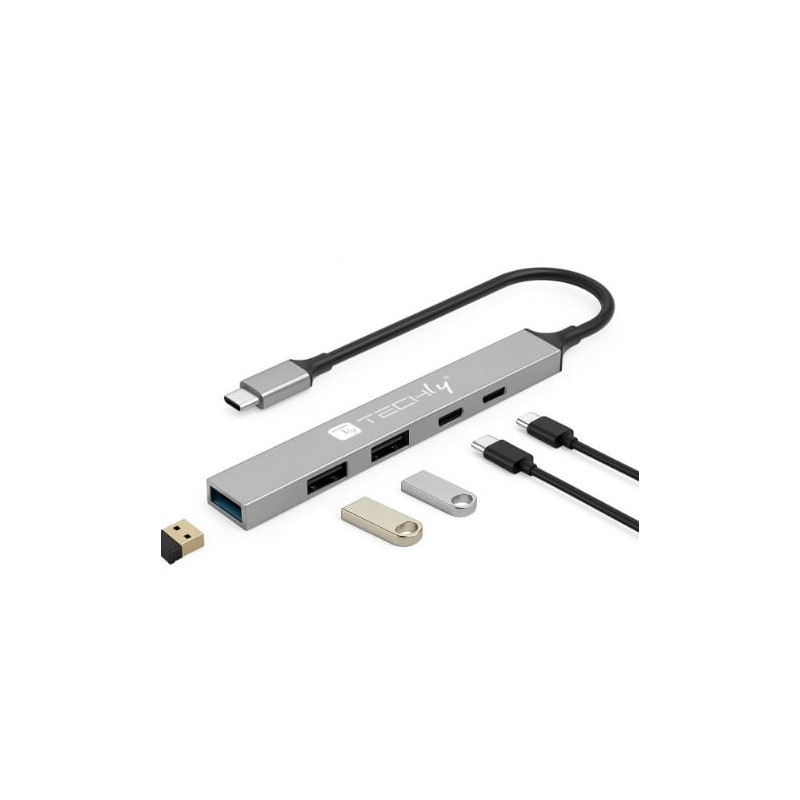hub usb techly usb 3.2 a 5porte usb-a/usb-c grigio [iusb32-hub5c-3u2pdsl]