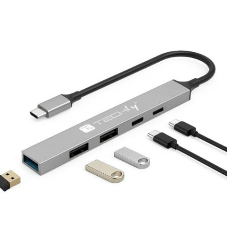 hub usb techly usb 3.2 a 5porte usb-a/usb-c grigio [iusb32-hub5c-3u2pdsl]