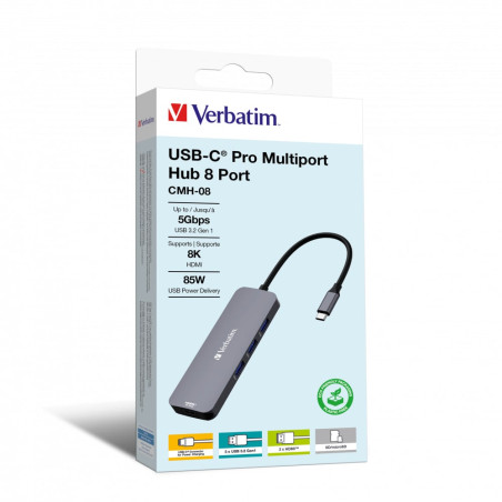 hub usb verbatim cmh-08 pro tipo-c 8in1 multiporta argento