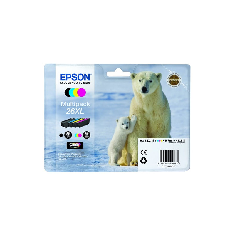 Cartuccia epson multipack 26xl n.4 41.3ml nero/ciano/magenta/giallo