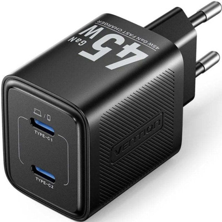 alimentatore da rete vention fefb0-eu gan 45w 2x usb-c nero
