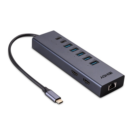 mini docking station lindy 43373 cablato usb-c 2x 4k hdmi rj45