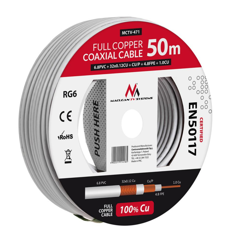 cavo coassiale maclean mctv-471 rg6 50m 1.02cu+4.8fpe+cu/p+32*0.12cu+6.8pvc