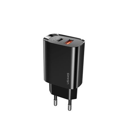 alimentatore da rete usams 1xusb-c+1xusb t35 pd3.0 20w nero [azusatlusa00816]