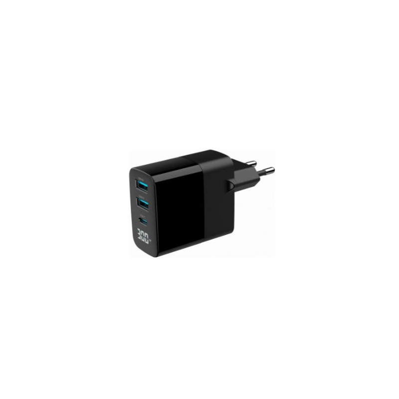 alimentatore da rete gembird gan 2xusb qc3.0 18w type-c 30w nero