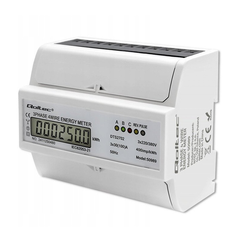 contatore elettronico qoltec bidirezionale trifase su guida din 400v