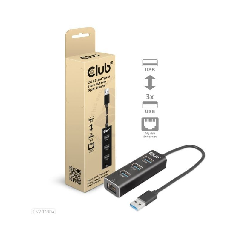 hub usb club 3d usb 3.2 gen1 tipo-a cablato 3 porte nero [csv-1430a]