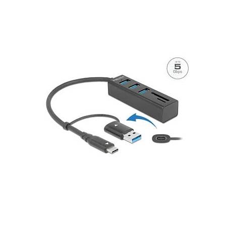 hub usb delock a 4p usb 3.2 gen1+tipo-c/a +sd/msd nero [63859]