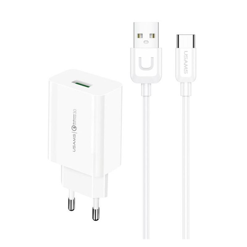alimentatore da rete t22 usams 18w qc 3.0 con cavo usb-c bianco