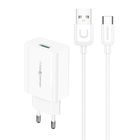 alimentatore da rete t22 usams 18w qc 3.0 con cavo usb-c bianco