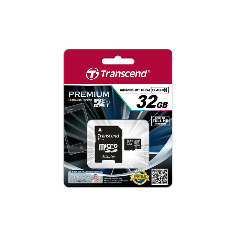 Scheda microsd transcend 32gb classe 10 + adattatore uhs-i [ts32gusdu1]