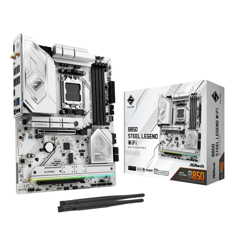 scheda madre asrock b850 steel legend wifi am5 atx 4xddr5 bianco
