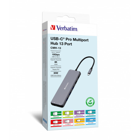 hub usb verbatim cmh-13 pro tipo-c 13in1 multiporta argento
