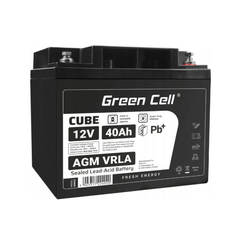 batteria green cell agm vrla 12v 40ah ip54 nero [azgceuay12v40aj]
