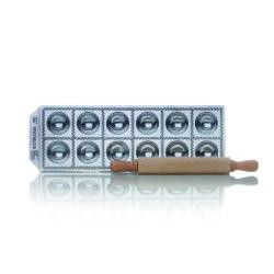 stampo per ravioli risoli 12 posti in alluminio lucidato con mattarello