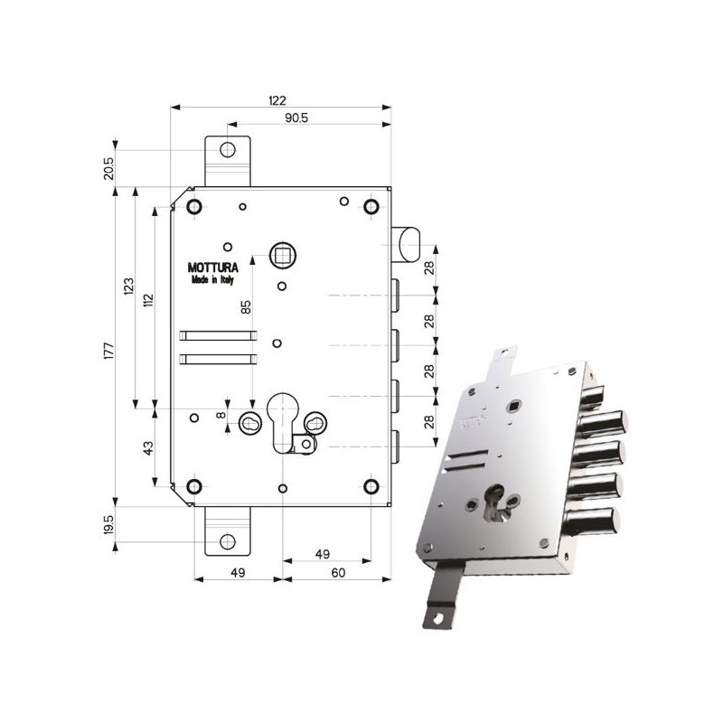 serratura mottura 89b51 sic triplice 4 pistoni nera [89b515w800]