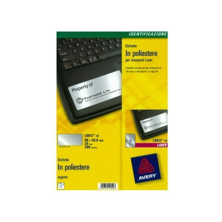 etichette in poliestere avery l6012-20 fogli argento 96x50,8mm