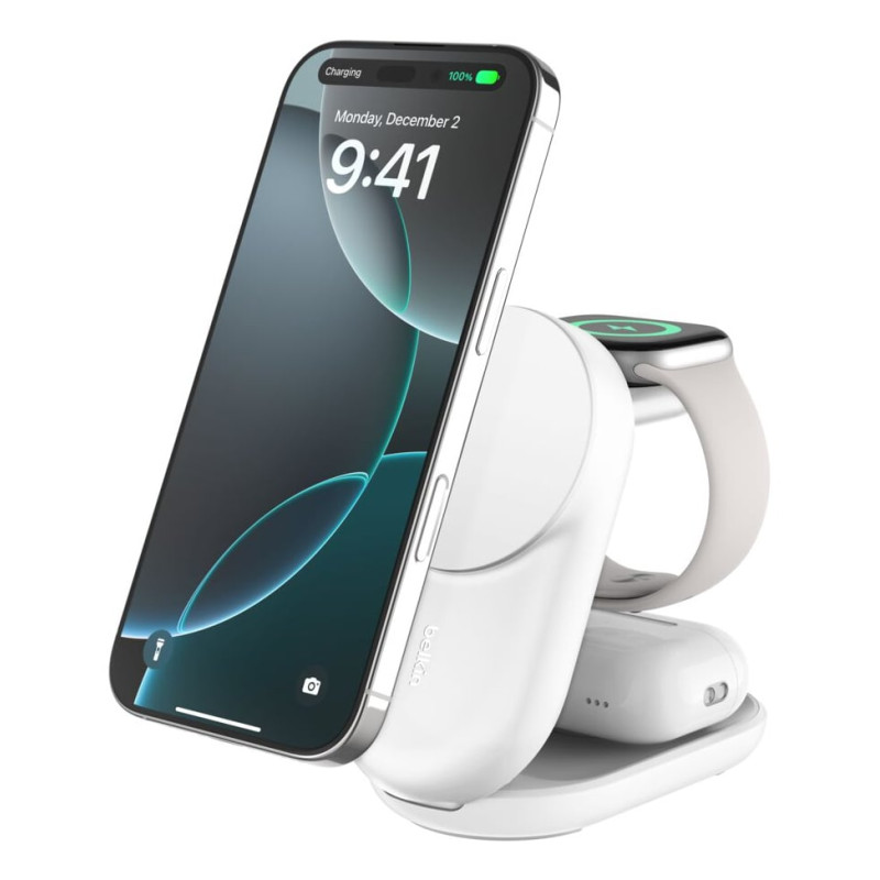 caricabatterie magnetico belkin ultracharge 3in1 qi2 pieghevole bianco