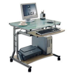 Scrivania oem per pc compatta in metallo e vetro con ruote