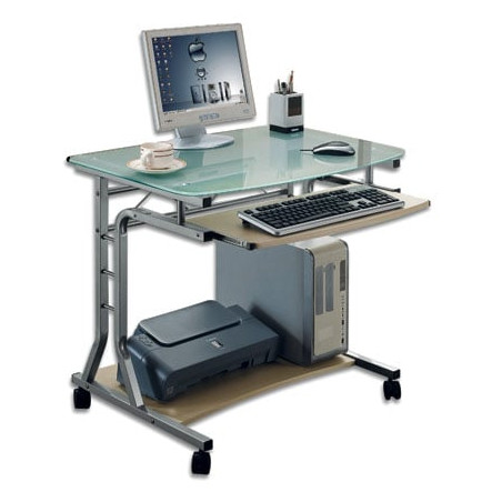 Scrivania oem per pc compatta in metallo e vetro con ruote