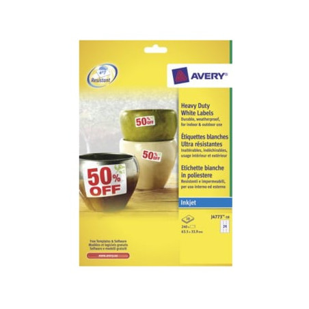 Etichette in poliestere avery bianco j4773-10 fogli (24 etichette/foglio