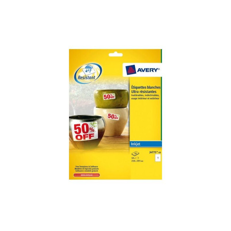 Etichette in poliestere avery bianco j4775-10 fogli (1 etichette/foglio