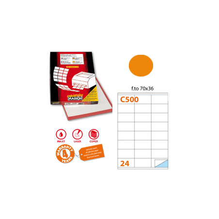 etichetta adesiva c/500 arancio fluo 100fg a4 70x36mm (24et/fg) markin