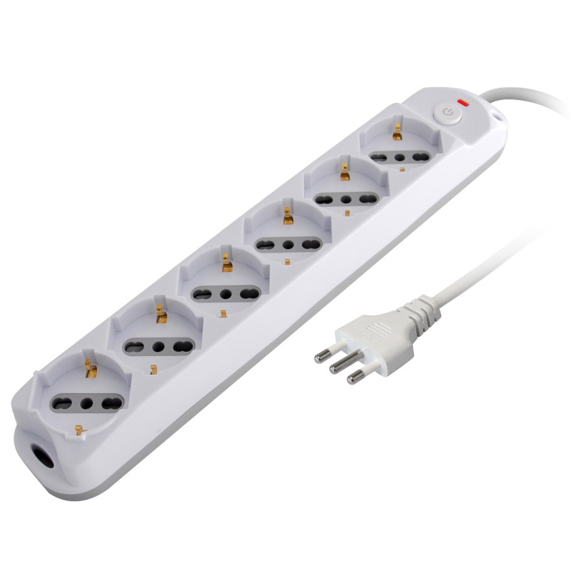 multipresa techly a 6 posti italiana bipasso/schuko spina 10a bianco/grigio