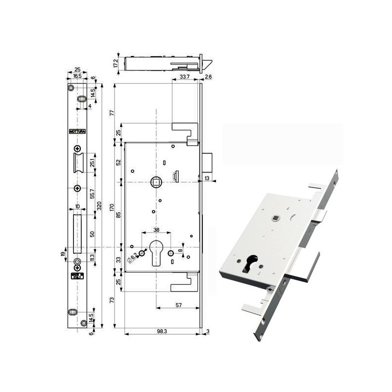 serratura infilare mottura 89b850 per cerutti 3036/entrata 58mm ferro