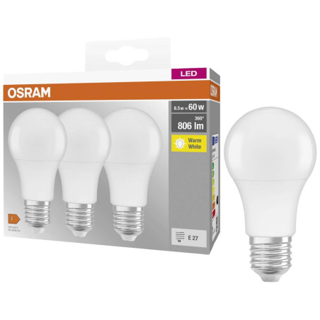 set lampadine led osram classic a60 3x8.5w 2700k e27 806lm classe